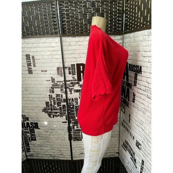 College Point L Red Vintage Textured Cotton Crochet Trim Half Sleeve Sweater - Picture 2 of 5